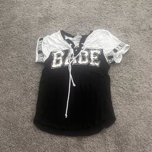 cute black and white “babe” sports shirt with string